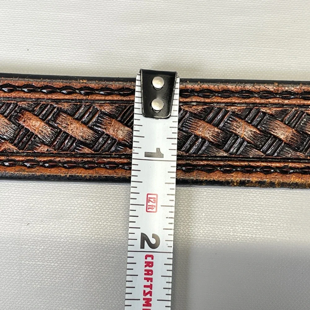C.L. Embossed Belt Mens Size 34 Brown Genuine Leather Western Silver Tone Buckle